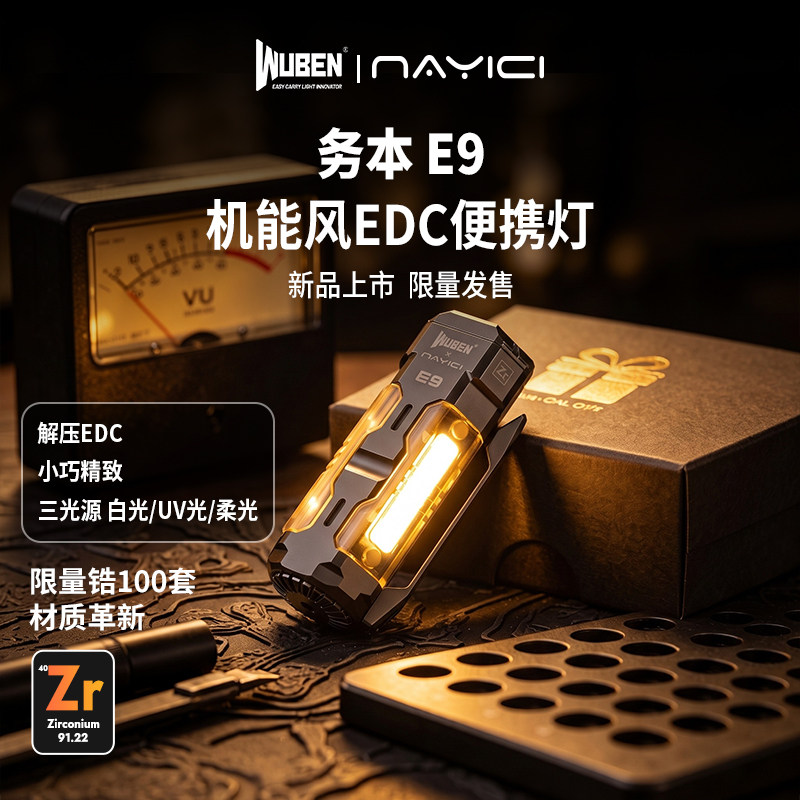 【新品】务本E9钛合金手电筒EDC便携充电户外防水露营便携机能风 - 实物图
