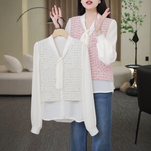 假两件宽松遮肚子显瘦打底衫 t恤女春秋2026新款 上衣T恤女 长袖 春季