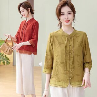 上衣中老年女装 新中式 国风雪纺衫 衬衫 春秋贵夫人春夏上衣 妈妈夏装