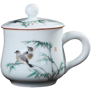 景德镇青釉小号带盖陶瓷茶杯马克杯办公室家用喝水杯子泡茶可定制