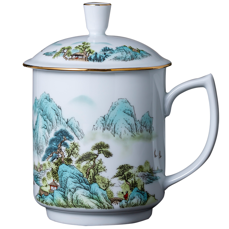 景德镇描金青花陶瓷带盖泡茶杯大号马克杯中国风水杯瓷杯子易清洗