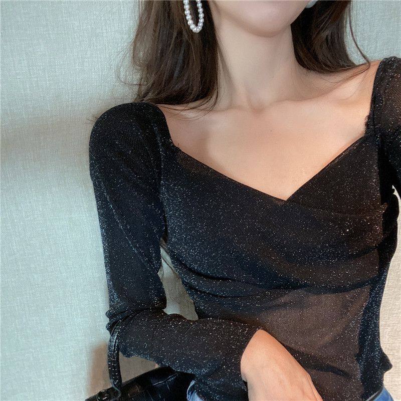 2020秋季新款女装打底衫复古浪漫bling亮亮V领网纱设计感小众T恤