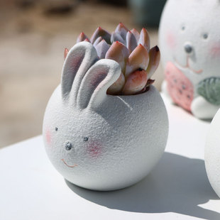 可爱小兔子多肉花盆粗陶手绘盆创意雪绒萌兔简约透气陶盆桌面萌趣