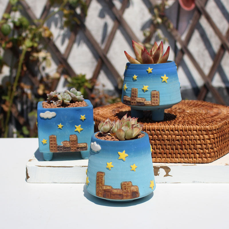 韩式多肉花盆陶瓷创意个性盆粗陶透气盆磨砂手绘方形盆房子星空盆