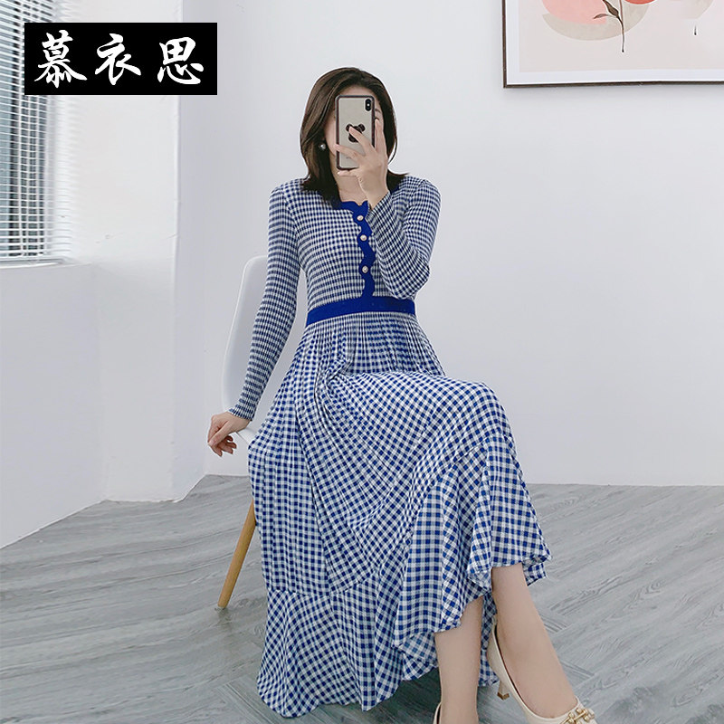 慕衣思褶皱连衣裙2021秋高腰雪纺百褶复古时尚格纹弹力荷叶边裙子