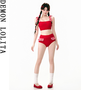 泳衣女2025新款红色格子绑带分体高腰三角比基尼性感泡温泉泳装女