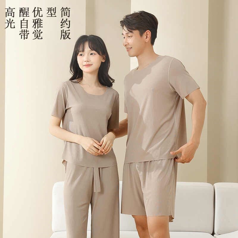冰丝睡衣男女夏季新款薄圆领高级感青少年大码家居服短裤两件套装