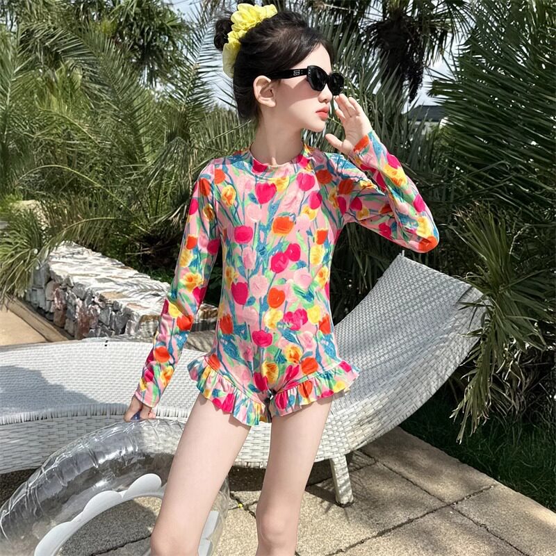 品牌专柜女童长袖连体泳衣郁金香