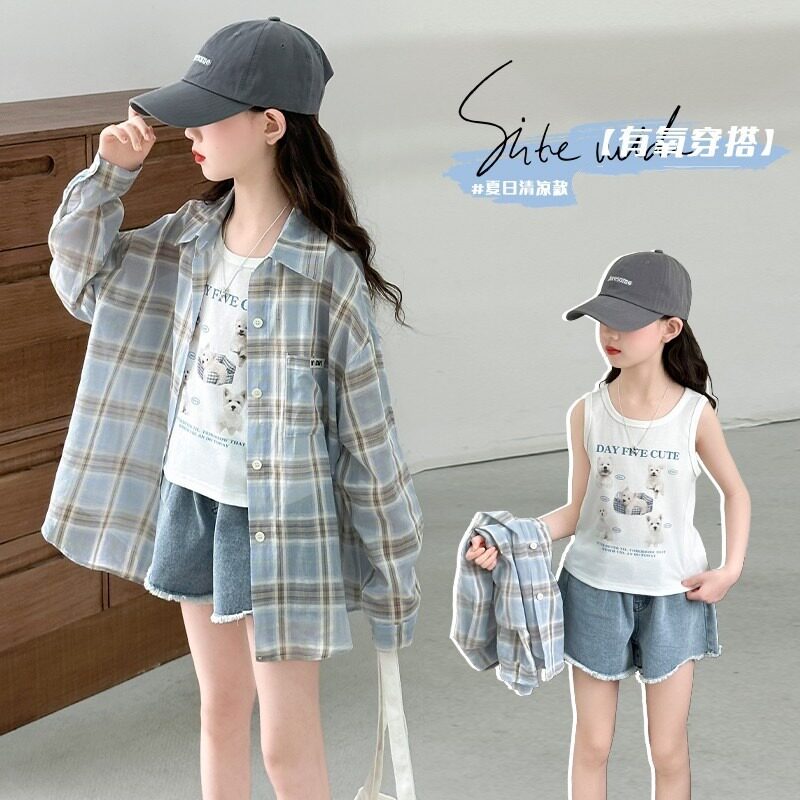 专柜正品女童韩系透气格子衬衫