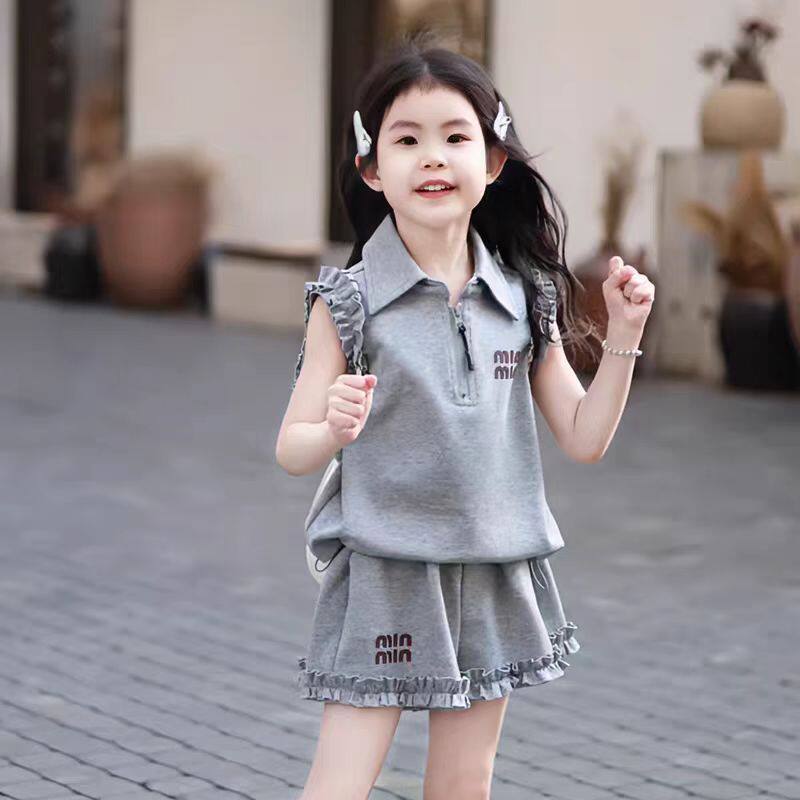 专柜正品女童韩版运动套装中大童夏季洋气翻领无袖休闲短裤两件套