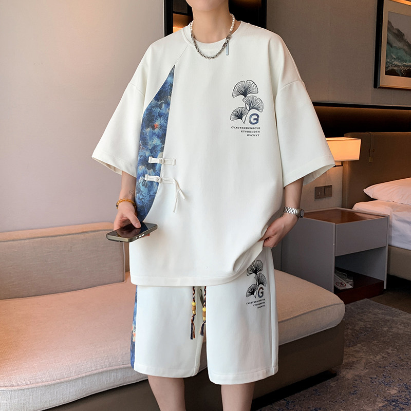 专柜国潮拼接短袖t恤男2025新款夏季休闲运动套装男新中式五分半