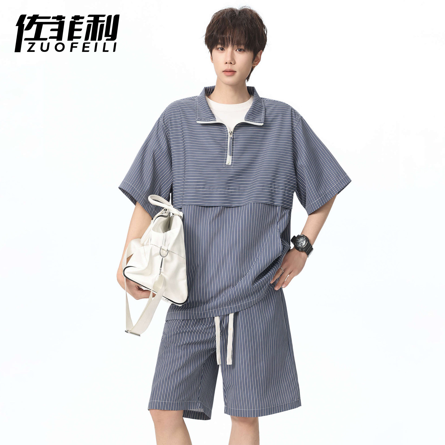专柜休闲运动套装男夏季薄款半拉链立领条纹短袖两件套青少年穿搭