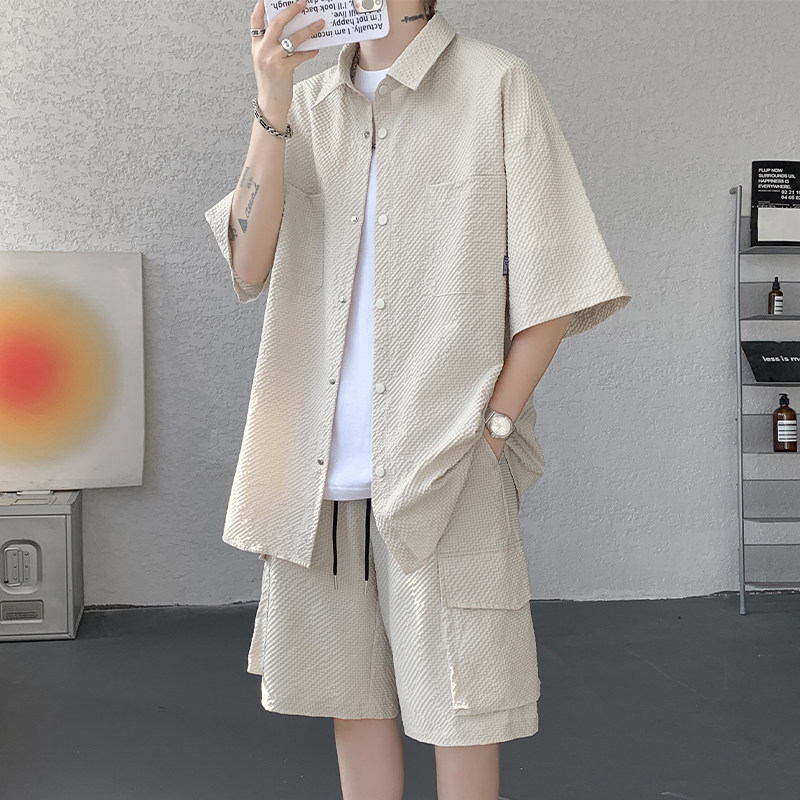 专柜泡泡纱短袖衬衫男套装夏季五分半袖衬衣男青少年痞帅休闲两件
