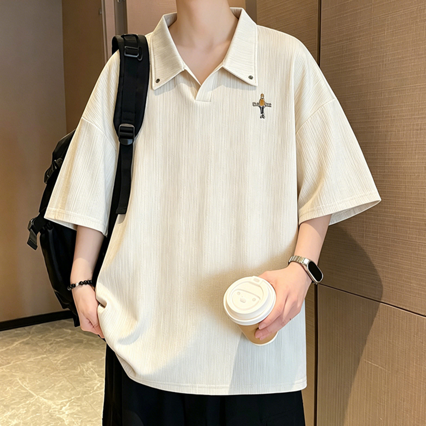 专柜美式风翻领短袖男夏季新款肌理感凉感半袖衣服休闲风透气V领T