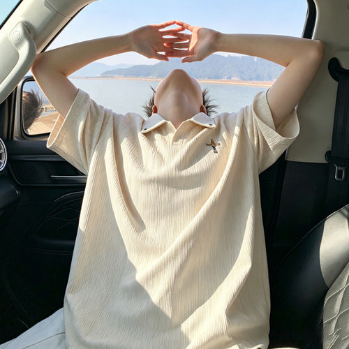 专柜半开襟V领短袖男夏季新款潮牌翻领半袖衣服冰丝肌理感刺绣休