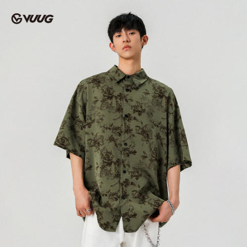 专柜港风复古vintage花衬衫短袖男夏季高级感痞帅夏威夷男生衬衣