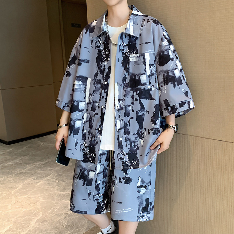 专柜沙滩衬衫短袖男套装夏季痞帅印花衬衣短裤两件套七分袖冰丝寸