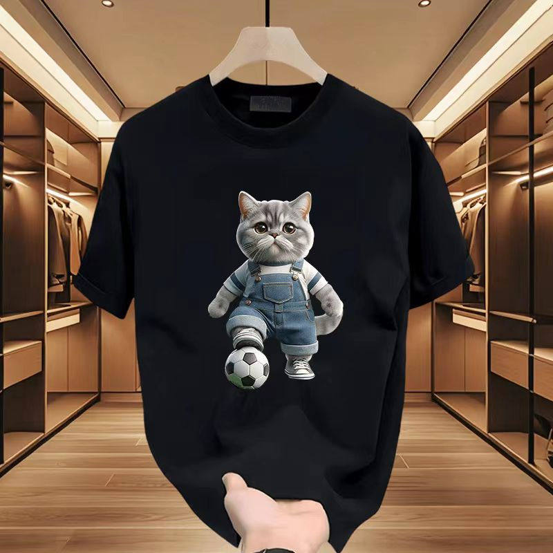 专柜美式重磅纯棉男士短袖T恤创意足球猫卡通印花痞帅宽松圆领ins