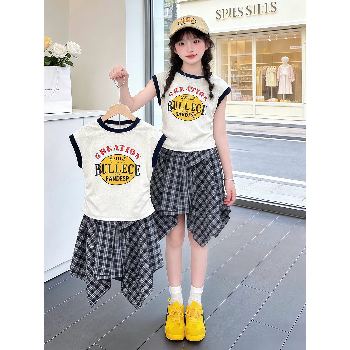 女童半身裙夏季2026新款女大童韩系时髦短袖夏装儿童格子裙裤套装