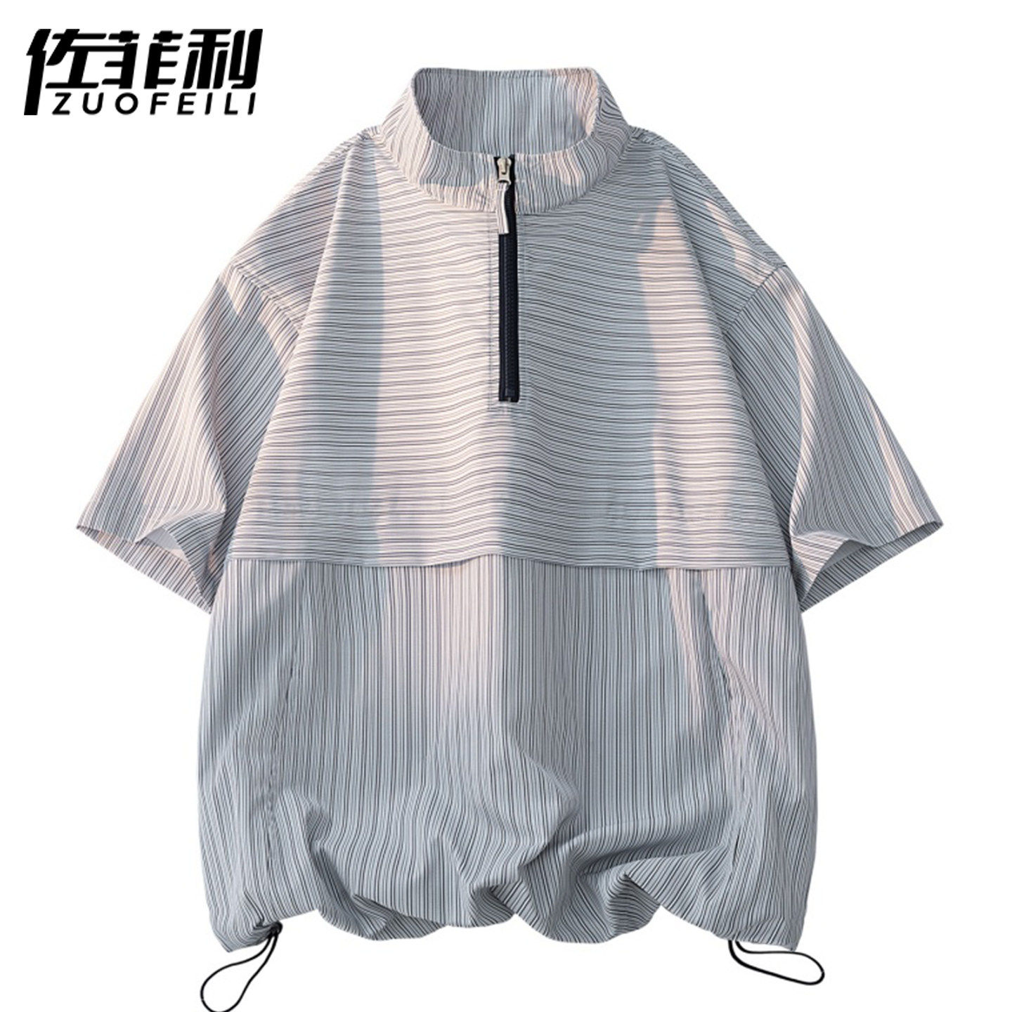 专柜半开襟条纹冰丝短袖男夏季薄款拉链T恤凉感透气套头搭配两件