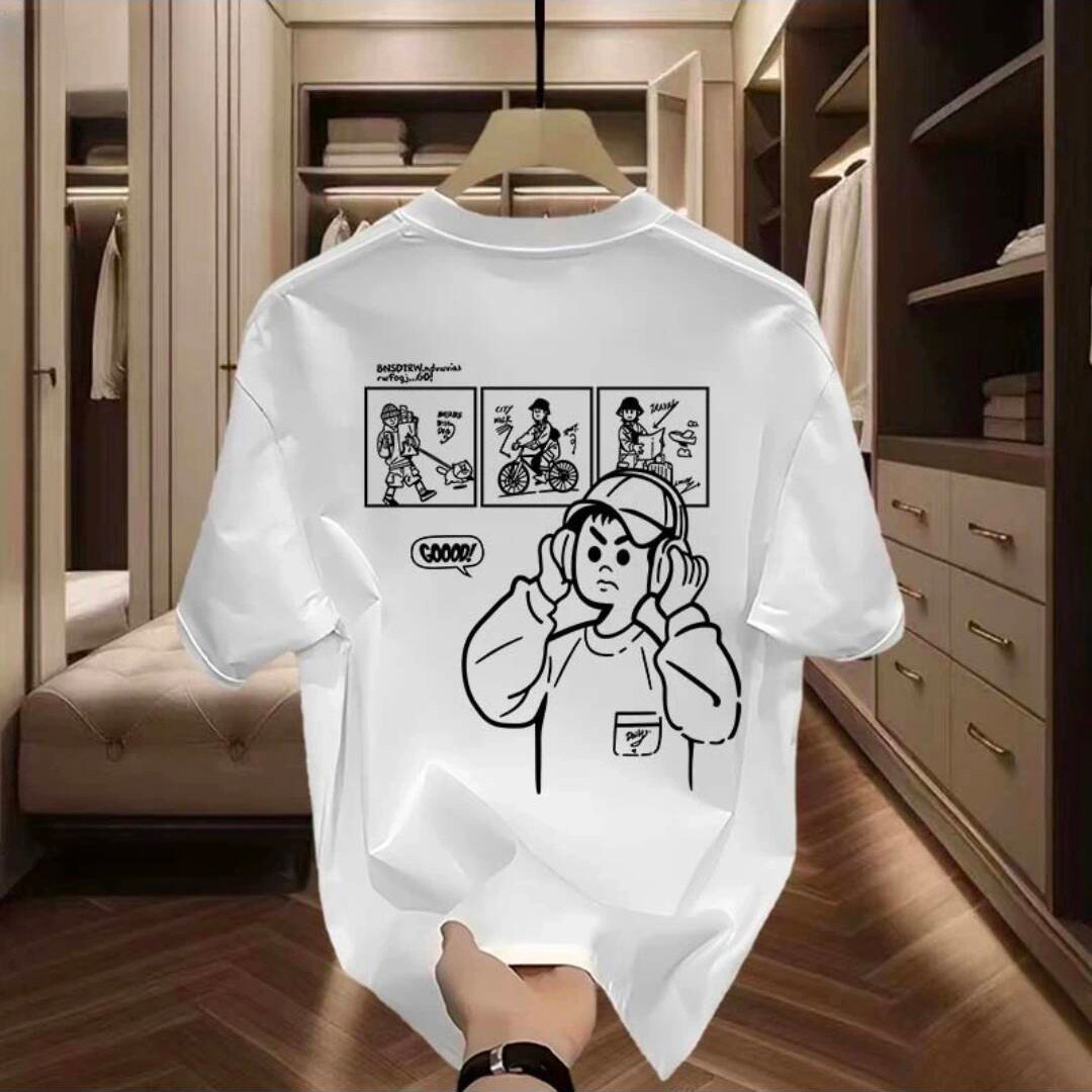 专柜夏季新款痞帅圆领重磅纯棉短袖t恤男创意图漫画印花宽松白色