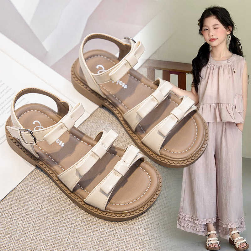 专柜女童沙滩软底罗马凉鞋2026新款夏季女孩舒适鞋子儿童蝴蝶结公
