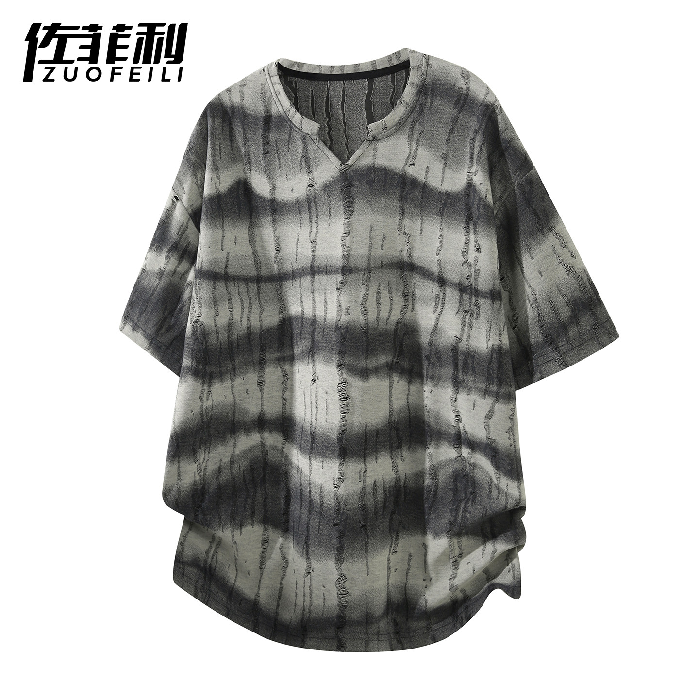 专柜V领破洞短袖t恤男夏季扎染肌理感半袖上衣男小众设计感痞帅体