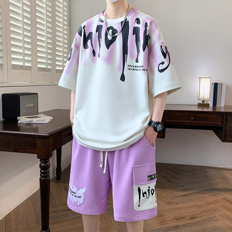 专柜休闲运动套装男夏季潮牌渐变色短袖体恤男青少年潮流帅气一套