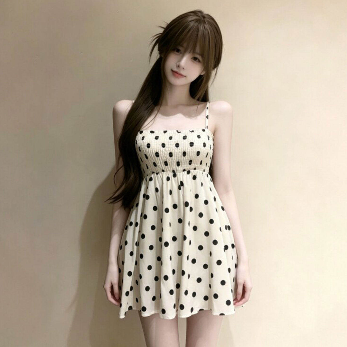 专柜法式温柔风甜美波点收腰吊带裙小个子穿搭绝美不撞款连衣裙26
