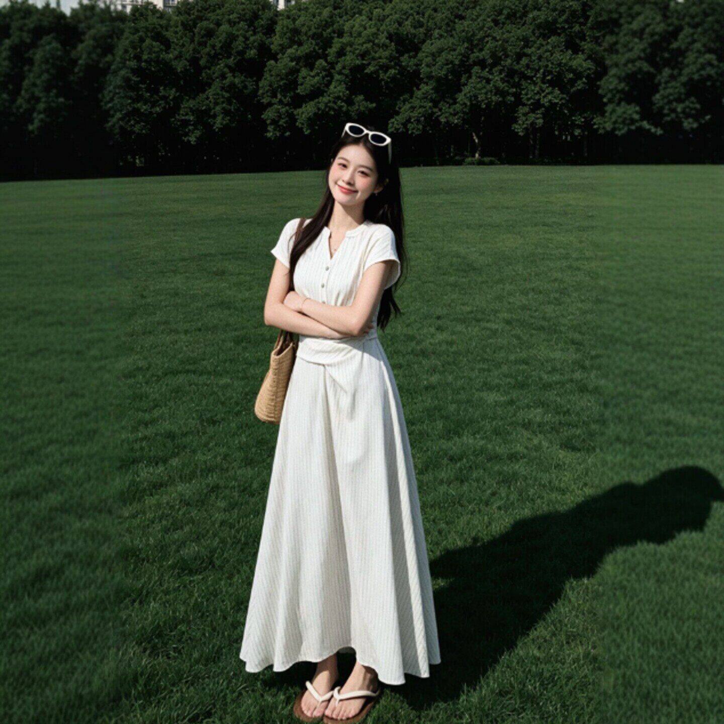 专柜温柔风独特超好看V领收腰显瘦仙女连衣裙超火小众不撞款裙子2