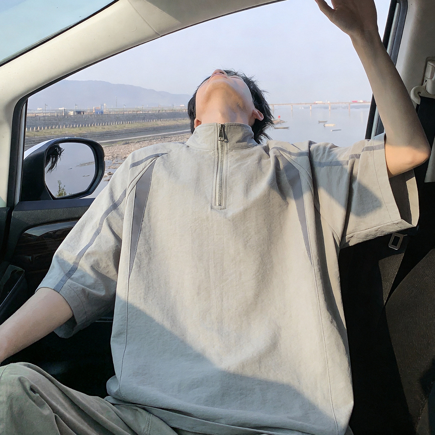 专柜半开襟拉链短袖T恤男夏季新款潮牌宽松立领半袖衣服凉感透气