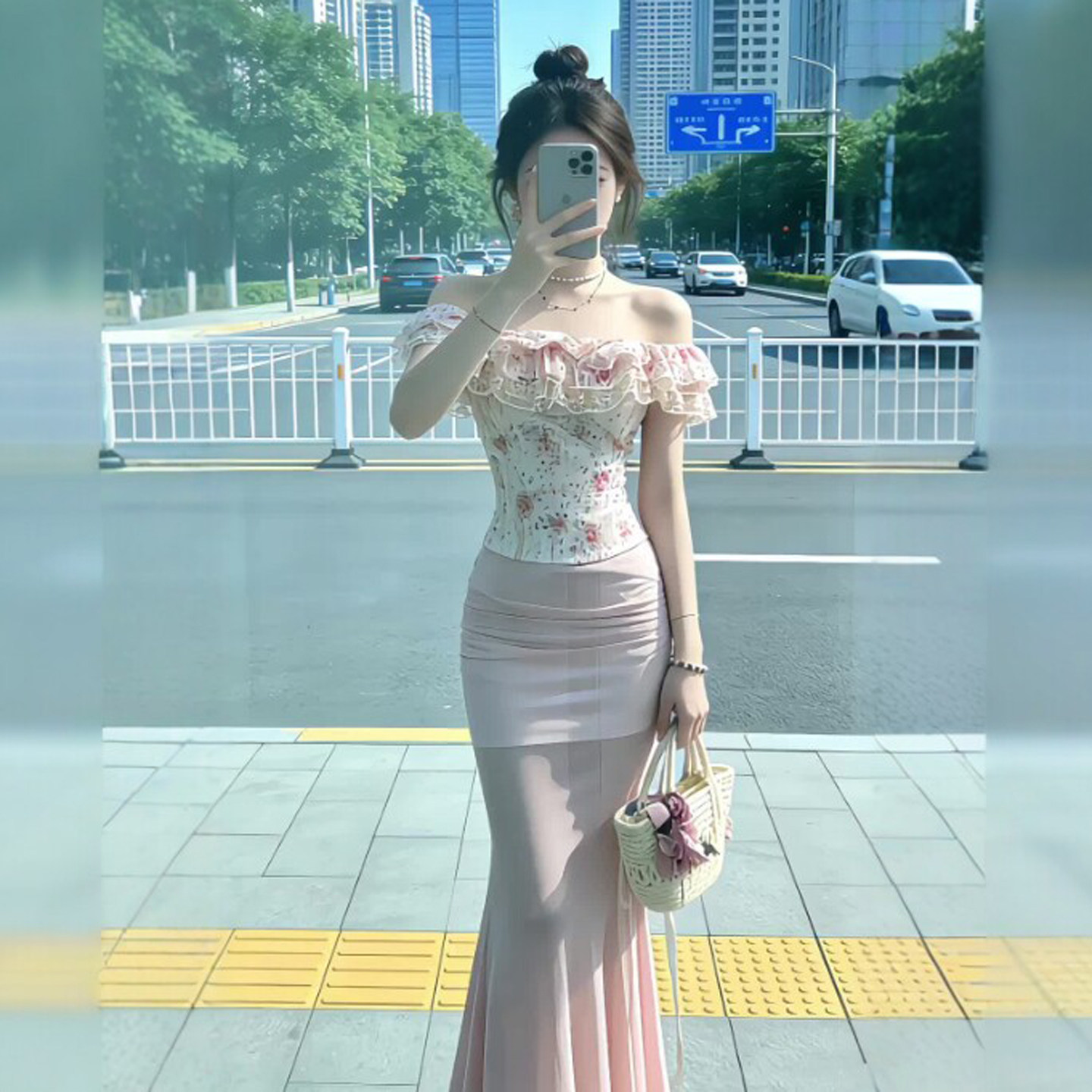 专柜复古温柔风巨好看的一字肩上衣包臀半身裙两件套装一整套穿搭
