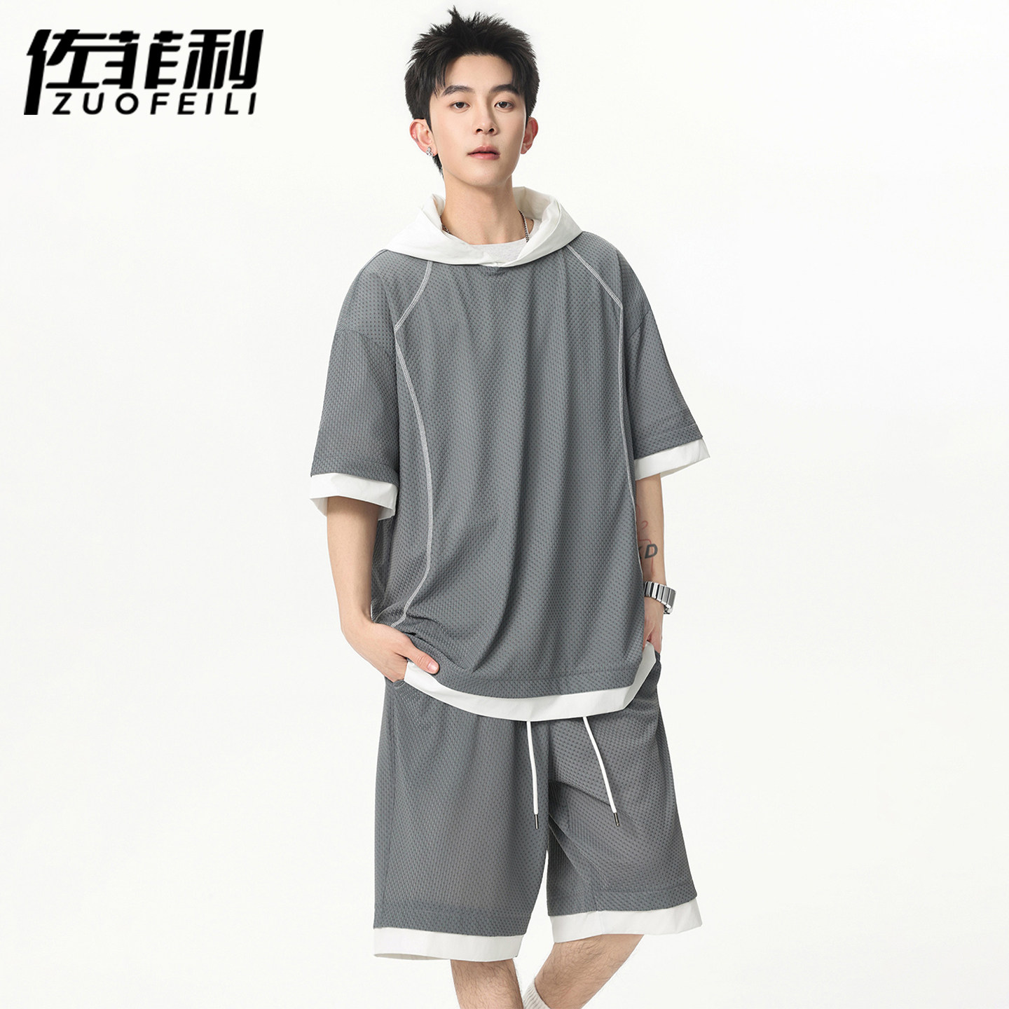 专柜连帽短袖套装男夏季新款冰丝休闲半袖两件套青少年运动风穿搭
