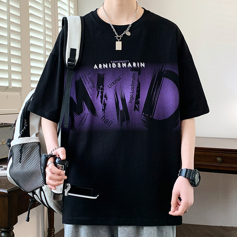 专柜短袖t恤男夏季潮牌渐变印花半袖衣服男青少年宽松休闲五分袖