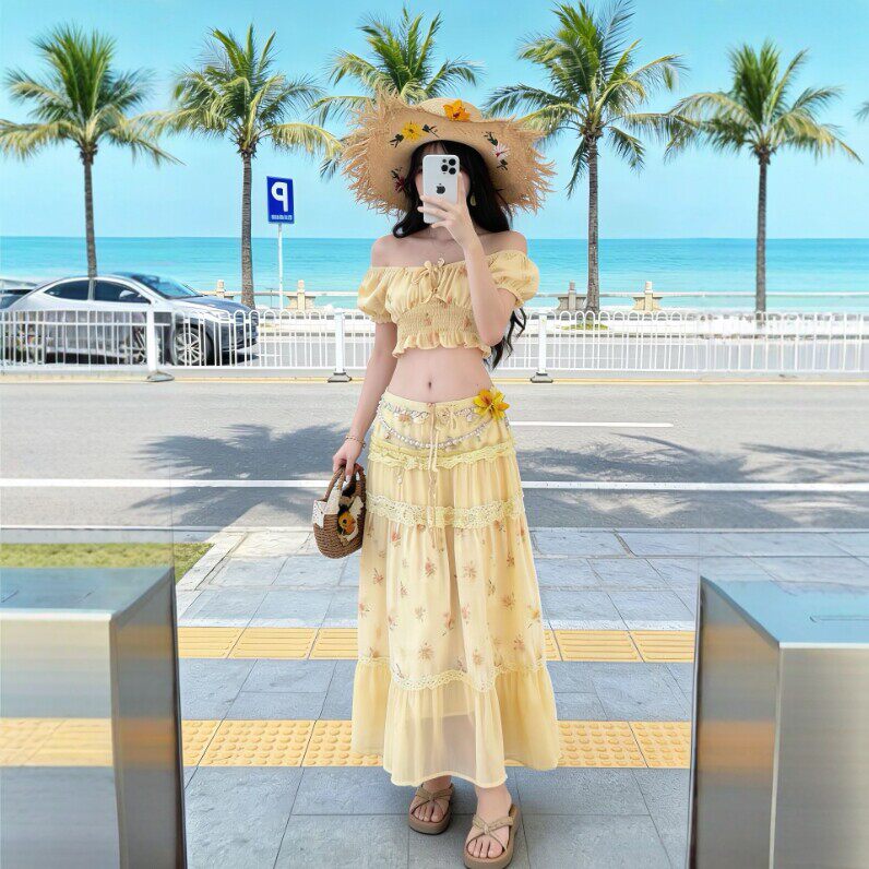 专柜海边度假风超好看的一字肩上衣半身裙两件套装一整套ootd穿搭