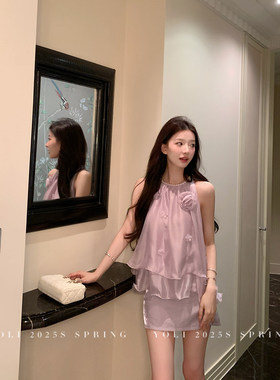 专柜   破碎珍珠 紫色立体花朵上衣女甜美风精致挂脖小衫