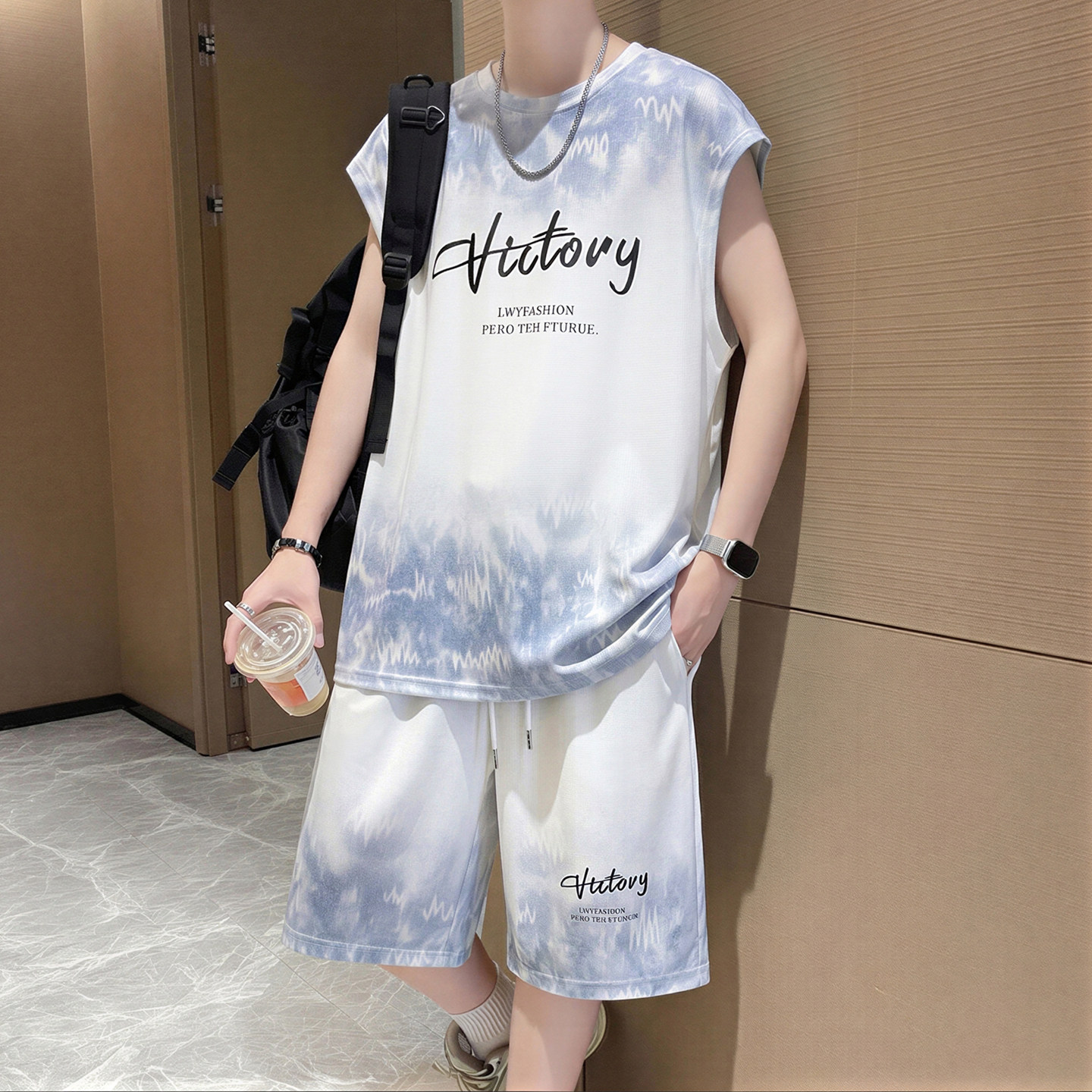 专柜冰丝休闲运动套装男夏季新款渐变无袖背心两件套青少年一整套