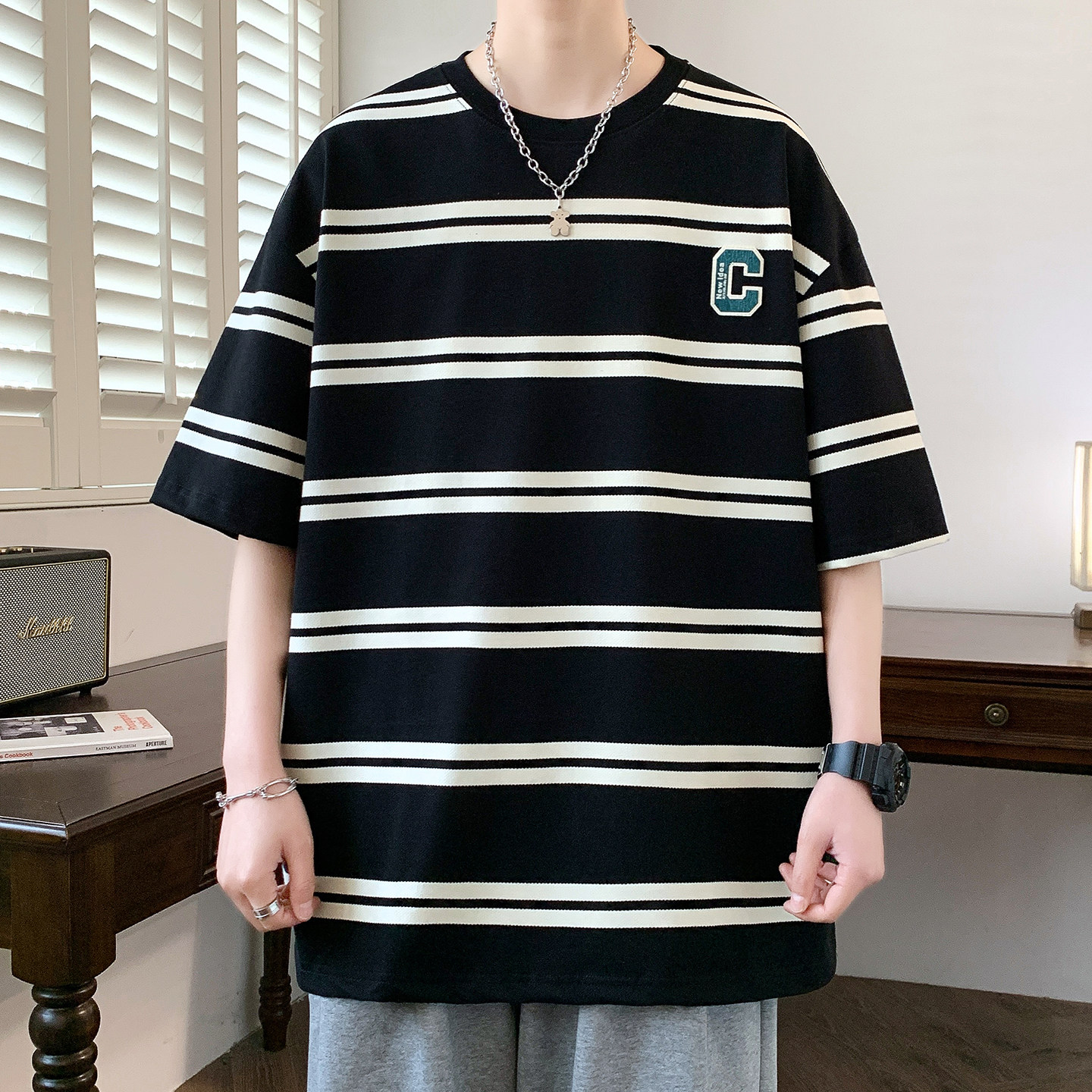 专柜撞色条纹短袖男夏季新款翻领美式风衣服宽松潮牌青少年半袖T