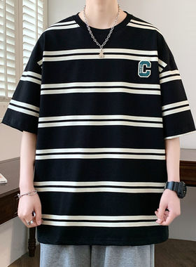 专柜撞色条纹短袖男夏季新款翻领美式风衣服宽松潮牌青少年半袖T