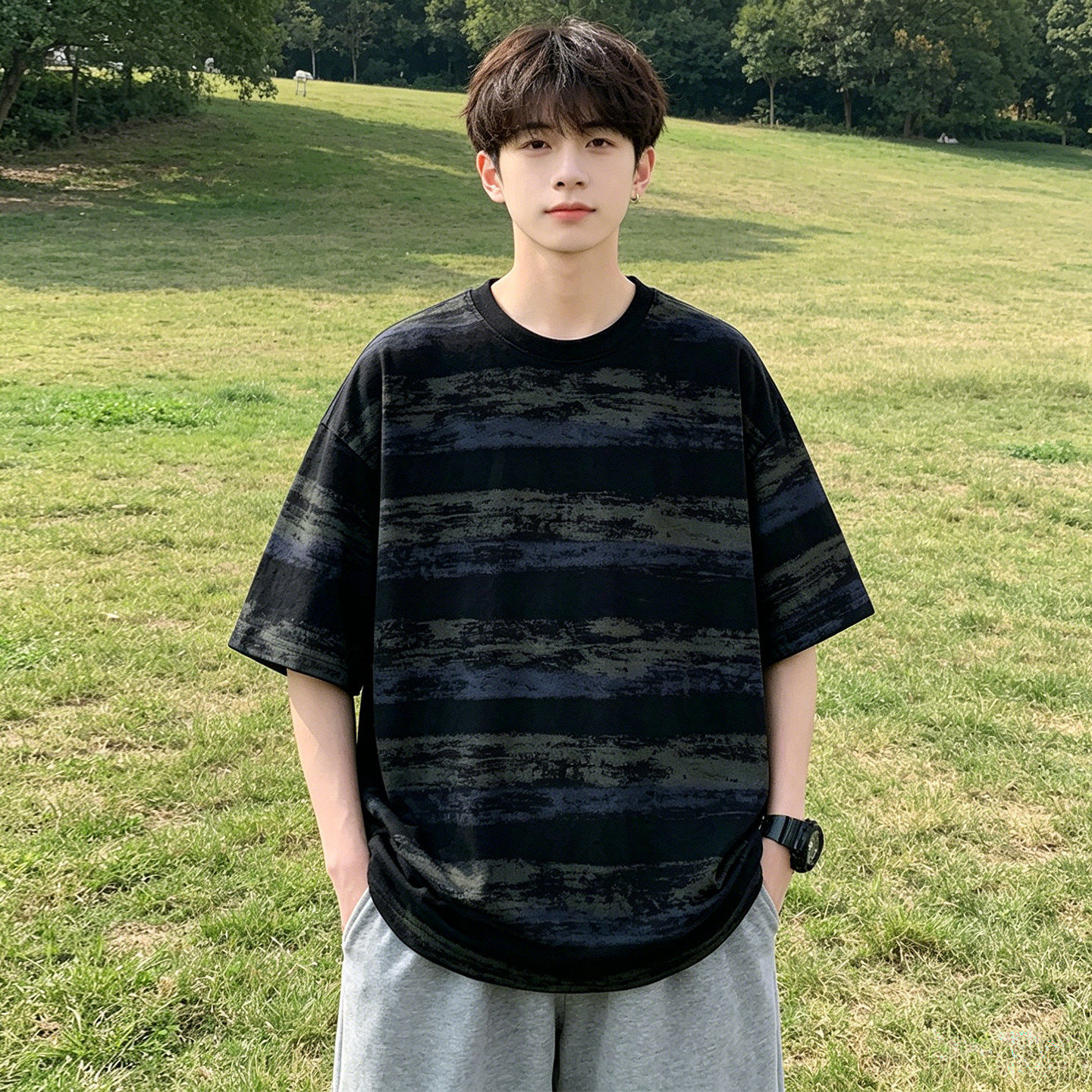 专柜美式风条纹短袖男夏季2026新款潮牌宽松半袖撞色上衣服凉感T
