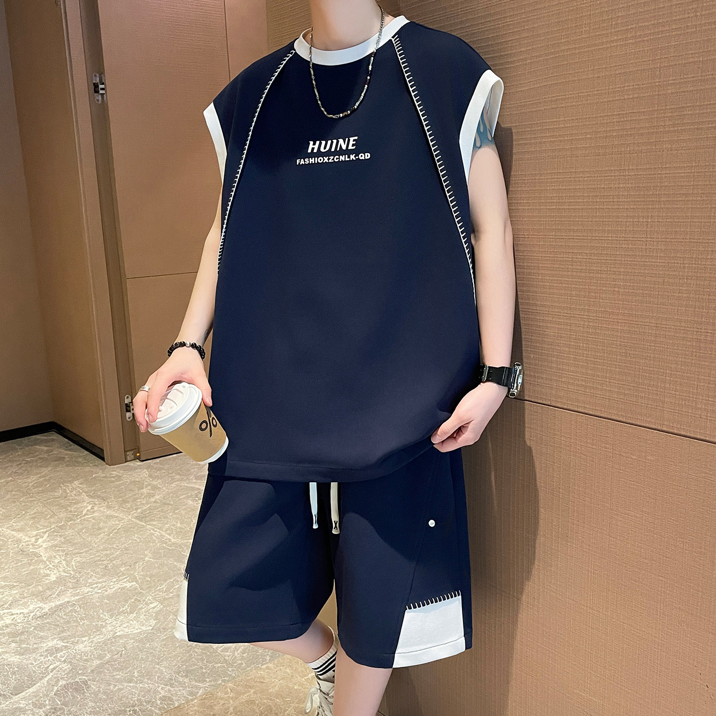 专柜冰丝无袖运动套装男夏季撞色拼接背心两件套青少年一整套搭配