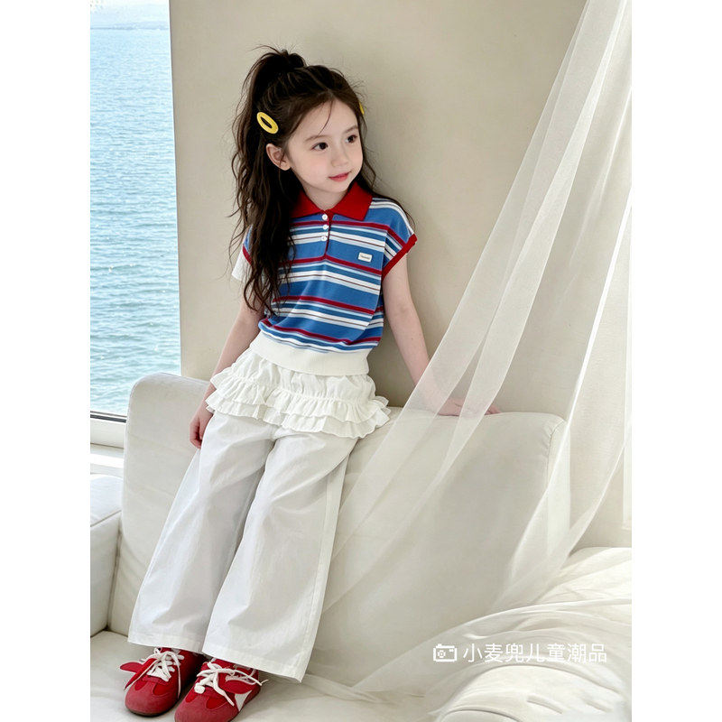 女童夏季polo衫白色阔腿裤套装儿童街舞爵士舞服装冰丝短袖屁帘裤