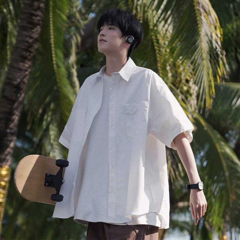 专柜白色冰丝短袖衬衫男夏季2024新款日系潮牌休闲衬衣青少年凉感