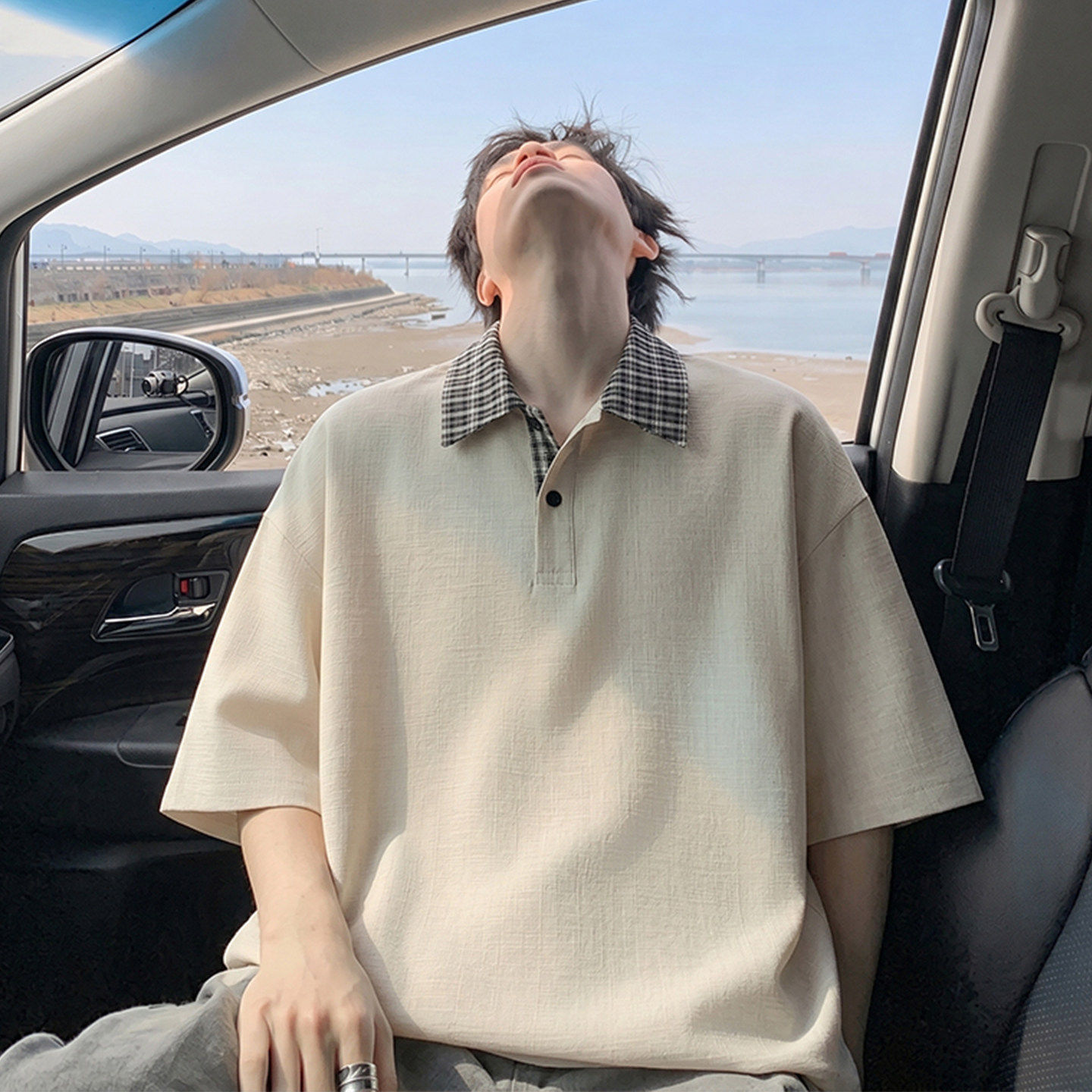 专柜仿麻冰丝Polo衫短袖男士夏季薄款宽松格纹拼接半袖t恤潮流上