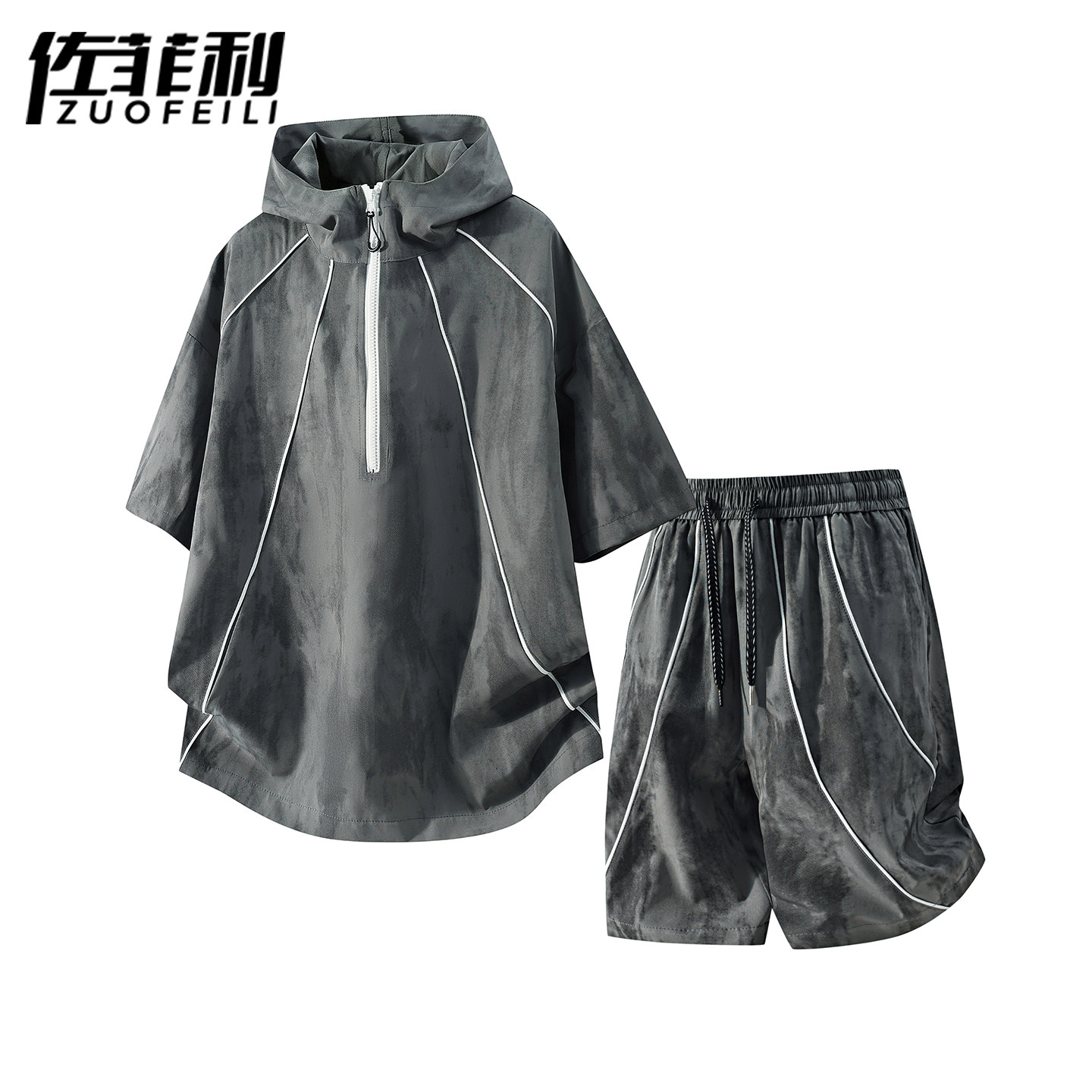 专柜半拉链连帽短袖套装男夏季新款休闲运动两件套青少年酷帅搭配