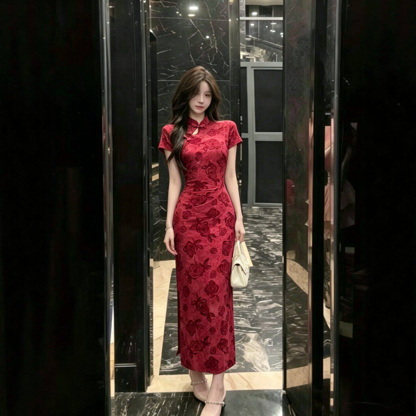 专柜新中式国风改良旗袍连衣裙御姐独特绝美印花修身包臀长裙子26