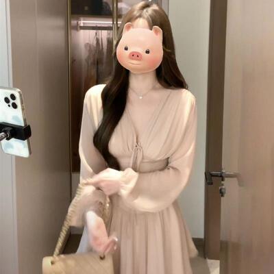 法国纯色雪纺V领带腰长袖连衣裙优雅的海滨度假仙女裙春