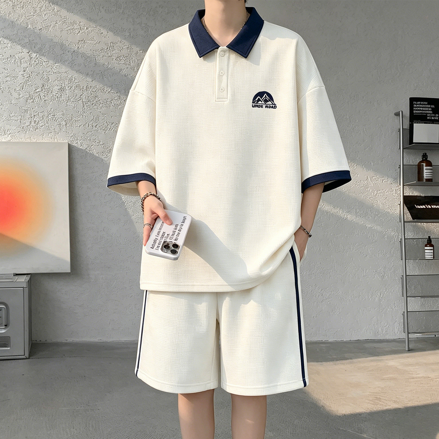 专柜美式撞边华夫格Polo衫短袖套装男士夏季透气条纹运动五分裤两