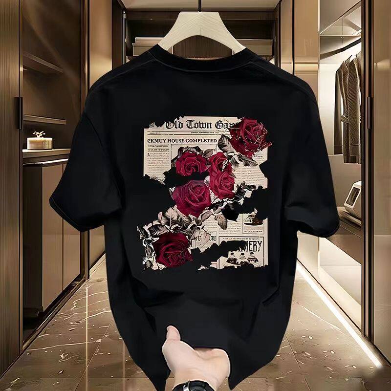 专柜爆款重磅纯棉宽松短袖T恤男女同款潮流创意印花百搭痞帅圆领