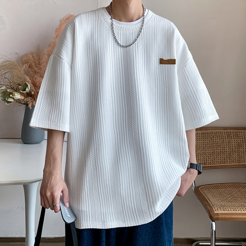 专柜冰丝短袖t恤男士夏季美式宽松半袖上衣服潮牌贴标高级肌理感